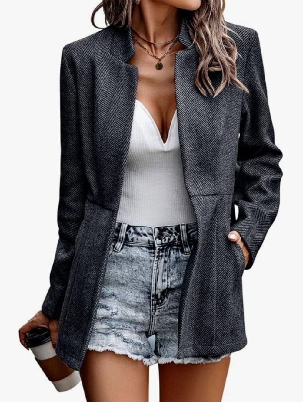 Chouyatou Women's Notch Lapel Charcoal Herringbone Open-Front Blazer size XL